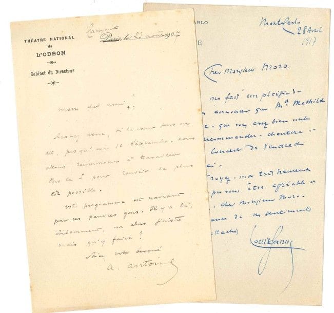 MUSIQUE ET SPECTACLE. 9 lettres ou pièces, la plupart L.A.S., 1869-1918 ; formats divers.

Mme Amel, André Antoine, Cécile Chaumont, Raphaël Duflos (sur un faux Corot), Louis Ganne, Charles Gounod (en faveur de son neveu Guillaume Dubufe), Ambroise Thomas (sur une reprise du Songe), etc.