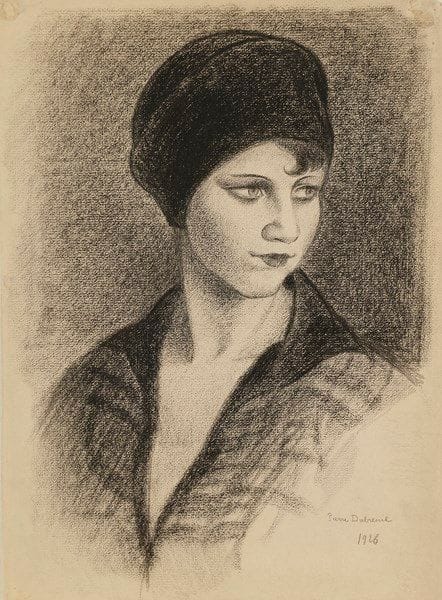 Pierre DUBREUIL (1891-1970)
Femme en buste au chapeau noir, 1926
Dessin à la pierre noire sur vergé.
Signé et daté en bas à droite.
(Petits accidents dans les angles. Traces de plis au bord droit).
37.3 x 27.5 cm