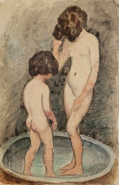 Pierre DUBREUIL (1891-1970)
Deux enfants au tub
Dessin à la pierre noire avec larges rehauts d’aquarelle, sur vélin mince.
Signé en bas à droite.
(Petits accidents dans les angles supérieurs ; traces de plis au bord droit).
38 x 25 cm