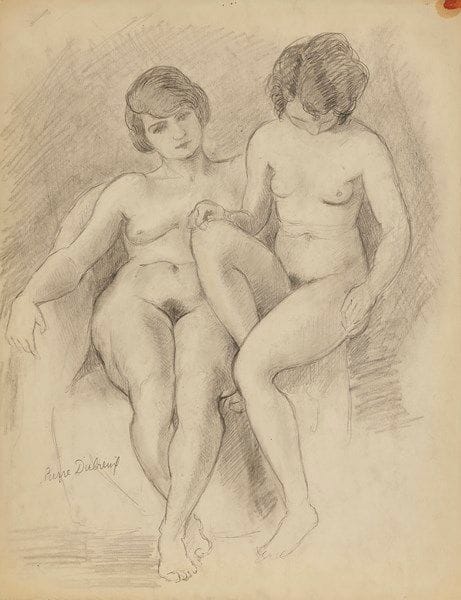 Pierre DUBREUIL (1891-1970)
Deux femmes nues au fauteuil
Dessin à la mine de plomb sur vélin fort glacé.
Signé en bas à gauche.
(Petite tache rouge huileuse dans l’angle supérieur droit. Petits trous d’épingles en tête).
32.5 x 24.6 cm