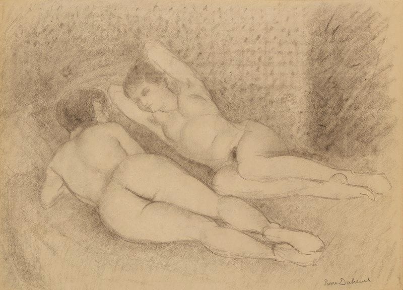 Pierre DUBREUIL (1891-1970)
Deux femmes nues étendues sur un lit
Dessin au fusain sur vergé.
Signé en bas à droite.
(Petit manque au bord gauche. Traces de plis).
44.5 x 63 cm