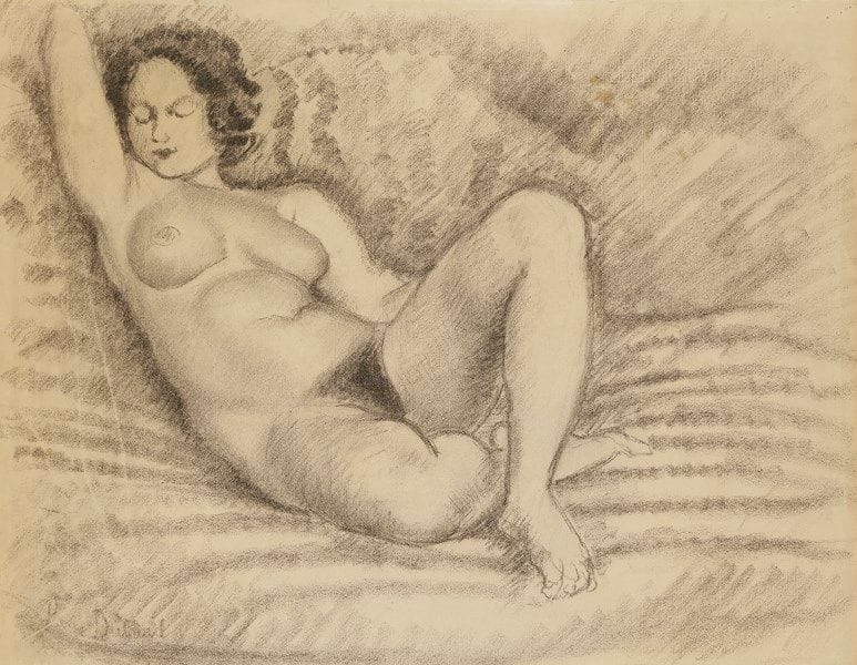 Pierre DUBREUIL (1891-1970)
Femme nue assise, un bras et une jambe repliés
Dessin au fusain sur vergé.
Signé en bas à gauche.
(Traces de plis au bord gauche. Infimes déchirures).
47.5 x 62 cm