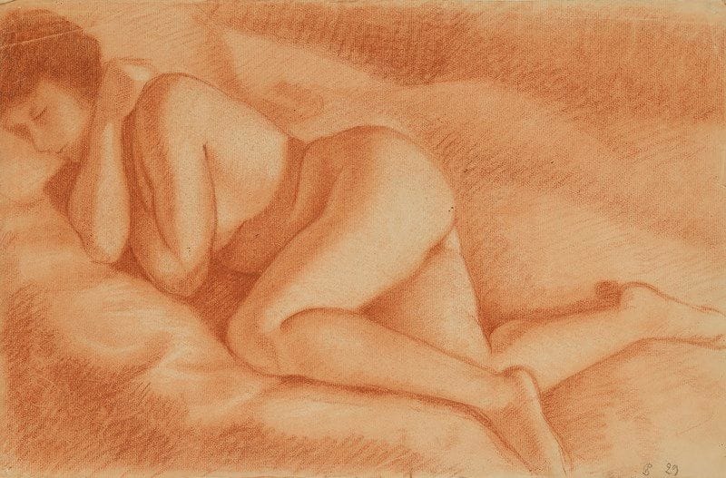 Pierre DUBREUIL (1891-1970)
Femme nue recroquevillée sur un divan, 1929
Dessin à la sanguine sur vergé.
Signé du monogramme et daté en bas à gauche.
(Traces de plis aux bords du feuillet. Infimes déchirures aux bords du feuillet).
31 x 48 cm
