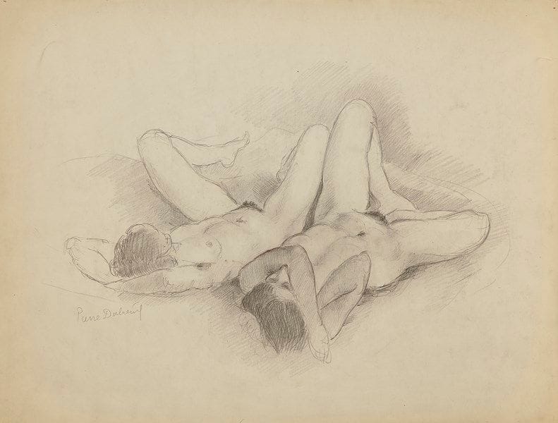 Pierre DUBREUIL (1891-1970)
Deux femmes nues étendues
Dessin à la mine de plomb sur vélin fort glacé.
Signé en bas à gauche.
(Petits trous d’épingles dans les angles).
25 x 32.5 cm