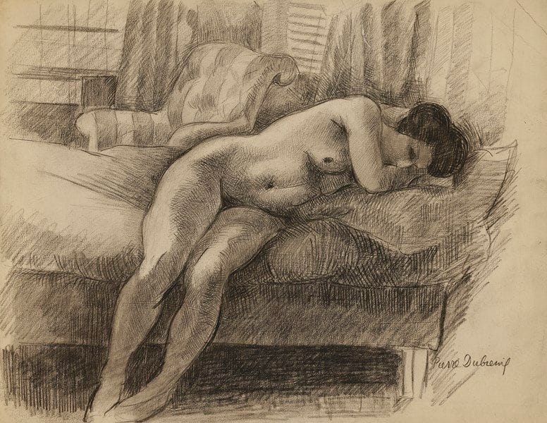 Pierre DUBREUIL (1891-1970)
Femme nue assise sur un lit, le buste reposant sur un oreiller
Dessin à la pierre noire sur vélin glacé.
Signé en bas à droite. 
(Déchirure verticale de 7,5 cm en tête, anciennement consolidée au verso).
25 x 32.5 cm