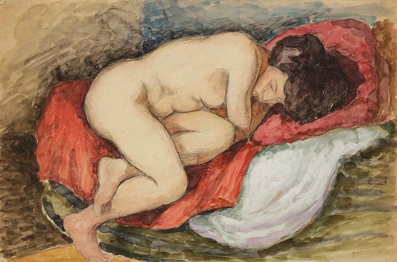 Pierre DUBREUIL (1891-1970)
Femme nue recroquevillée sur une couche
Dessin à la mine de plomb, largement rehaussé à l’aquarelle, sur vélin collé sur carton.
Signé en bas à gauche. 
(Trous d’épingles dans les angles).
33.5 x 51 cm