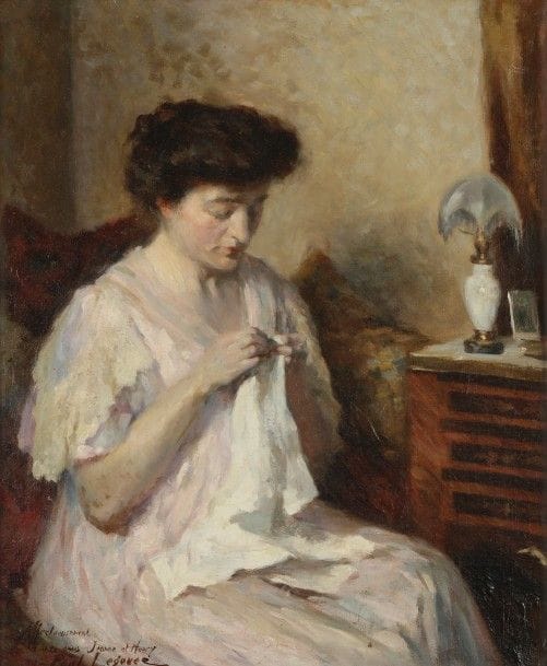 ÉCOLE FRANçAISE début XXe siècle
Femme cousant, 1909
Huile sur toile.
Signée, datée et dédicacée en bas à gauche.
55 x 46 cm