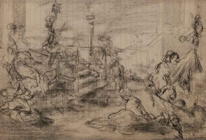 École Française du XIXe siècle
Personnage et chevaux au pied des marches
Dessin au crayon noir.
Non signé.
21 x 31 cm