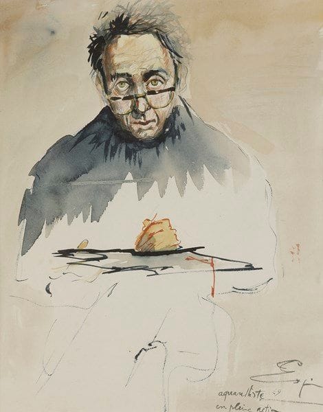 Henri ESPINOUZE (1915-1982)
Autoportrait ou l’aquarelliste en pleine action, 1969
Aquarelle.
Signée, datée et titrée en bas à droite.
29.5 x 23 cm