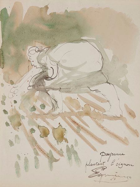 Henri ESPINOUZE (1915-1982)
Paysanne plantant l’oignon, 1964
Aquarelle.
Signée datée et titrée en bas à droite.
32 x 24 cm