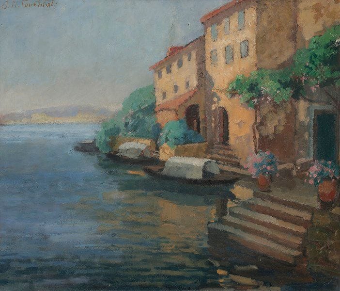 Marguerite FOURNIALS (1910-?)
Maison au bord d’un lac
Huile sur carton.
Signée en haut à gauche.
54 x 65 cm