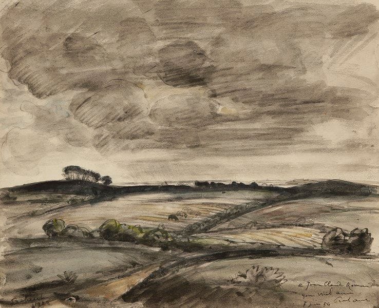 Jean FRÉLAUT (1879-1954)
Mériadec, ciel nuageux, 1954
Aquarelle, lavis d’encre de Chine, fusain et mine de plomb sur vélin.
Dédicacée « à Jean-Claude Romand / son vieil ami Frélaut / juin 54 ».
25,5 x 31 cm