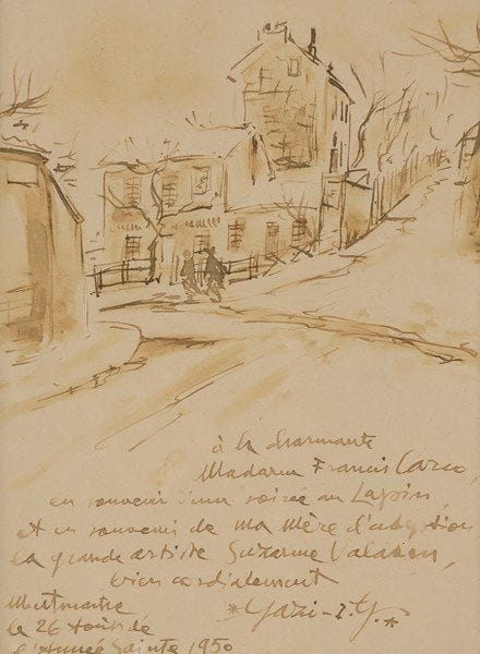 I. G. GAZI (1900-1975)
Montmartre, 1950
Dessin à l’encre et lavis.
Signé, daté et longue dédicace en pied.
17 x 13 cm