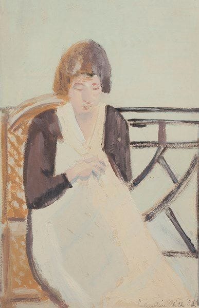 Caroline HILL (XXe siècle)
Femme cousant, 1932
Huile sur papier.
Signée et datée en bas à droite.
35 x 25.5 cm
Provenance : 
Ancienne collection Charles Despiau.