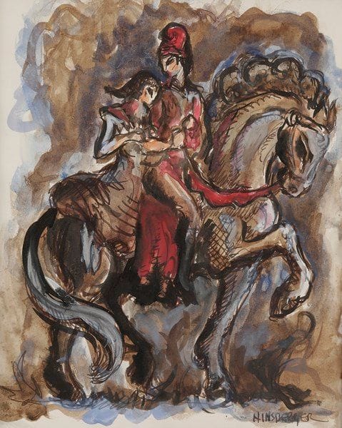 Alexis HINSBERGER (1907-1996)
Couple sur sa monture
Aquarelle.
Signée en bas à droite.
26.5 x 22 cm