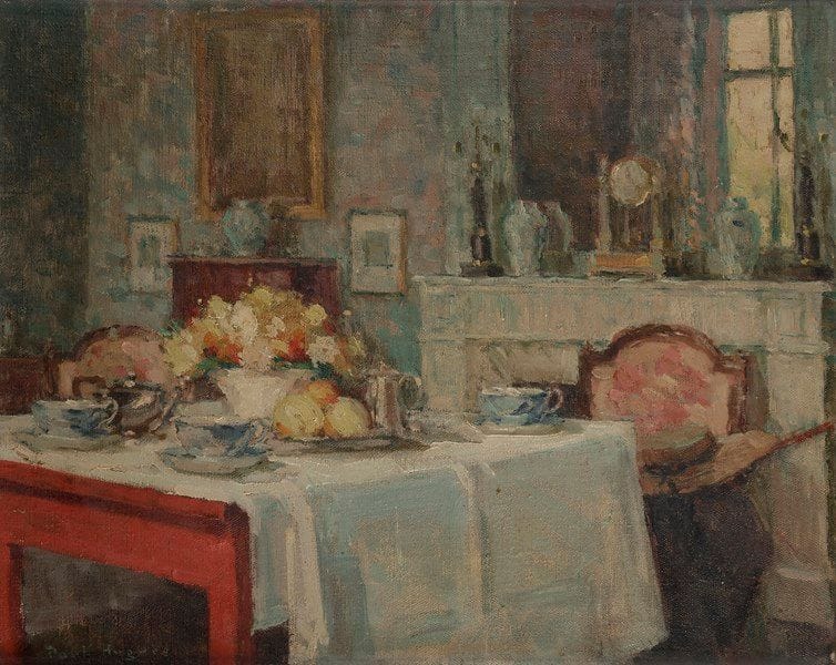 Paul Jean HUGUES (1891-1950)
Le Goûter
Huile sur toile.
Signée en bas à gauche.
33 x 41 cm
Provenance : 
Société lyonnaises des Beaux-Arts, Lyon (étiquette au dos).