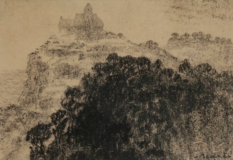 Sigismond JEANÉS (1862-1952)
Église au sommet de la montage
Fusain.
Signé en bas à droite.
17 x 23 cm
