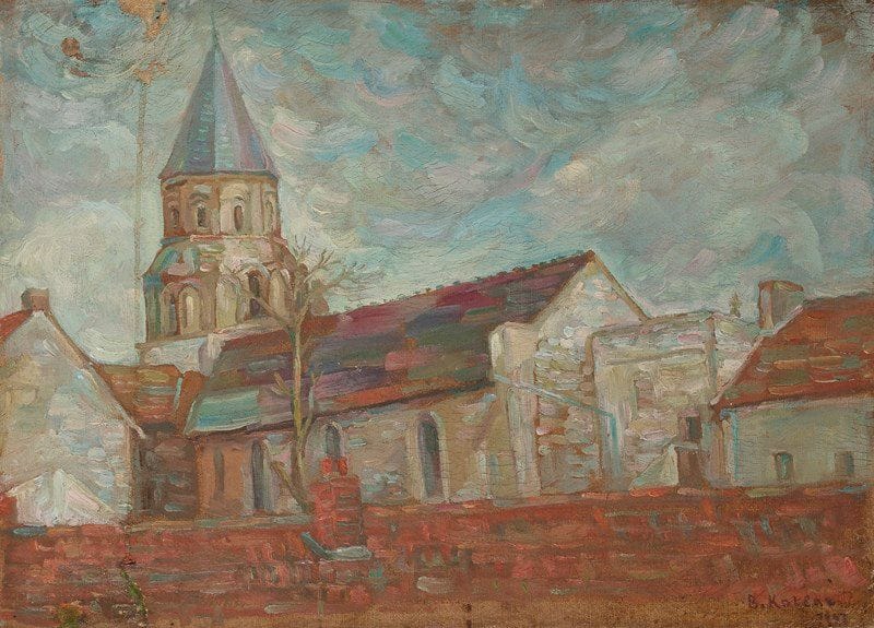 Benjamin KOTLAR (1898-1979)
L’Église de Vétheuil, 1967
Huile sur toile.
Signée et datée en bas à droite. 
(Accidents et manques).
32 x 46 cm