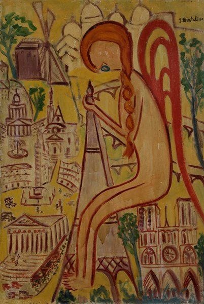 Isaac MINTCHINE (1900-1941)
L’Ange qui a sauvé Paris
Huile sur panneau.
Signée en haut à droite.
Titrée au dos.
(Traces de frottements sur les bords).
73 x 50 cm