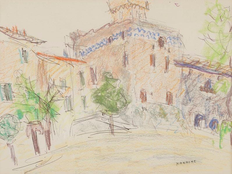 Armand Henri NAKACHE (1894-1976)
Place du village
Dessin à l’encre et pastel.
Signé en bas à droite.
26 x 34.5 cm