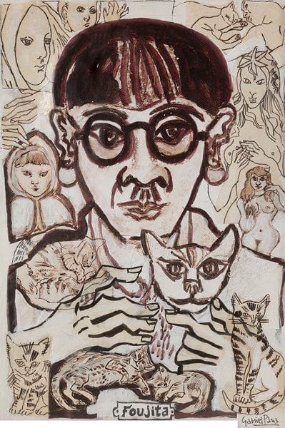 Gabriel PARIS (1924-2000)
Hommage à Foujita
Gouache, encre et collage.
Signé en bas à droite.
70 x 49 cm
