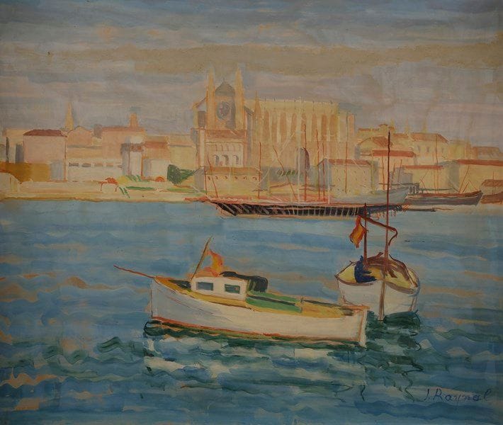 Josy RAYNAL (née en 1937)
Majorque, bateau dans la baie
Huile sur panneau.
Signée en bas à droite.
50 x 61 cm