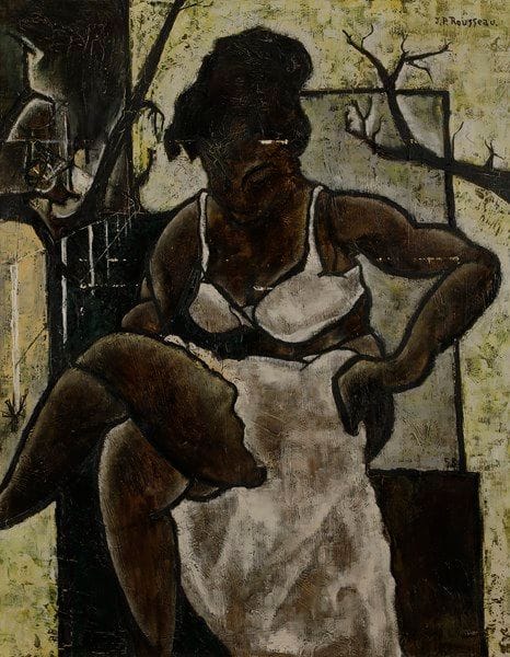 Jean-Pierre ROUSSEAU (né en 1939)
Femme s’habillant, 1958
Huile sur toile.
Signée en haut à droite. 
Datée dans la composition.
81 x 65 cm