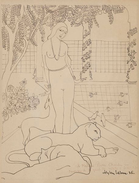 Aly BEN SALEM (1910-2001)
Femme aux félins, 1936
Dessin à l’encre.
Signé, daté et dédicacé en bas à droite.
29 x 22.5 cm