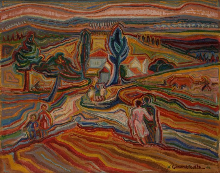 Suzanne TOURTE (1904-1979)
Paysage animé, 1946
Huile sur toile.
Signée et datée en bas à droite.
77 x 94 cm