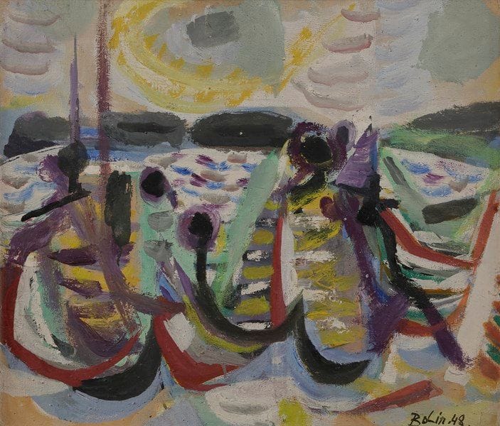 Gustav BOLIN [franco-suédois] (1920-1999)
Bateau à Antibes, 1948
Huile sur toile.
Signée et datée en bas à droite.
38 x 46 cm