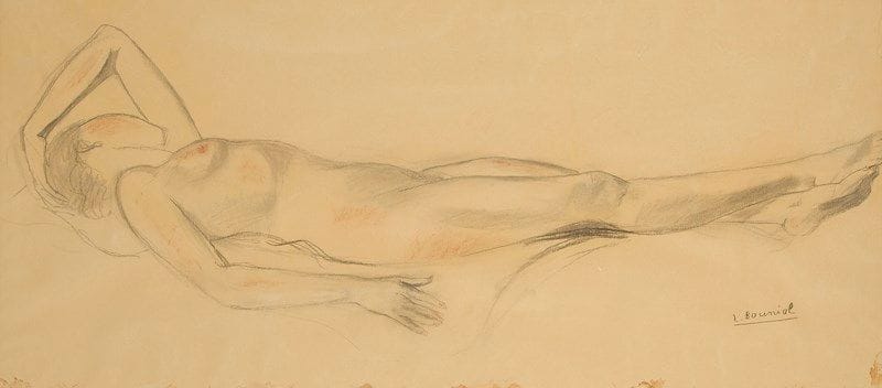 Lucie BOUNIOL (1896-1988)
Nu allongé
Dessin au fusain et à la sanguine.
Signé en bas à gauche.
(Traces d’humidité dans le bas de la feuille).
44 x 97 cm