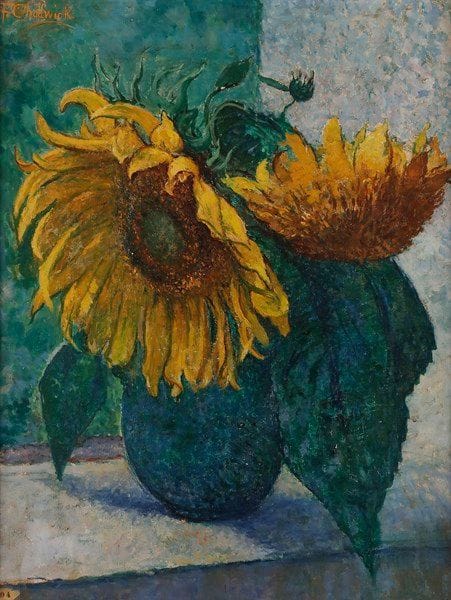 Francis Brook CHADWICK (1850-1943)
Tournesols
Huile sur toile.
Signée en haut à gauche.
Étiquette d’exposition « 04 » en bas à gauche.
65 x 50 cm
Provenance : 
Famille de l’artiste.