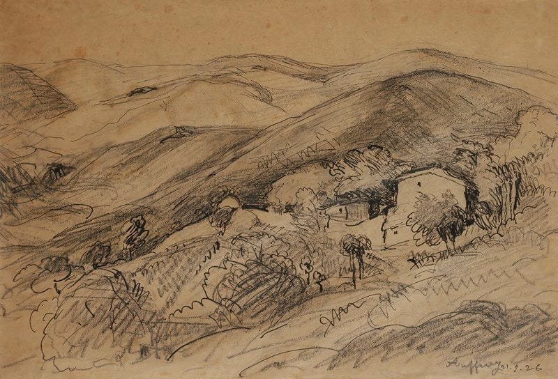 Alexandre AUFFRET (1869-1942)
Paysage vallonné
Dessin à l’encre et fusain.
Signé et daté en bas à droite.
28.5 x 39 cm
Provenance :
Ancienne collection Charles Despiau.
