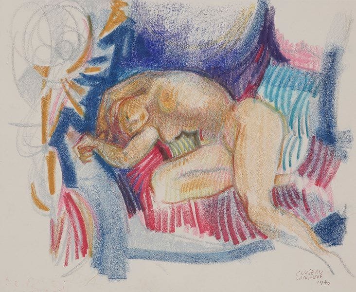 Jean CLUSEAU-LANAUVE (1914-1997)
Nu aux coussins, 1970
Pastel gras.
Signé et daté en bas à droite.
26.5 x 32.5 cm