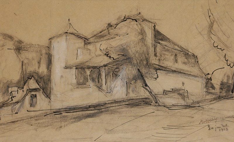 Alexandre AUFFRET (1869-1942)
Village
Dessin à l’encre, fusain et craie blanche.
Signé et daté en bas à droite.
23.5 x 33 cm
Provenance :
Ancienne collection Charles Despiau.
