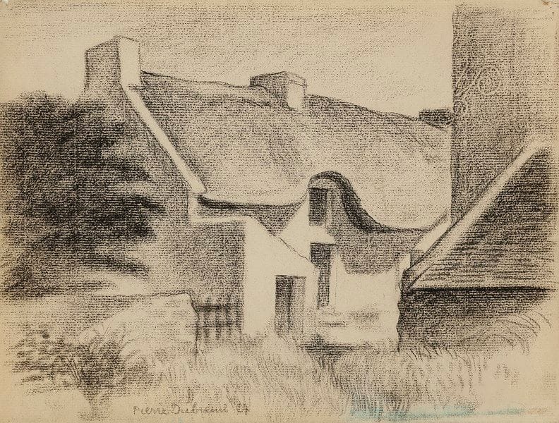 Pierre DUBREUIL (1891-1970)
Hameau en Bretagne (Bréhat ?), 1927
Dessin au fusain sur vergé.
Signé et daté en pied au centre.
(Petite auréole d’encre bleuâtre en pied à droite).
23.5 x 31.5 cm