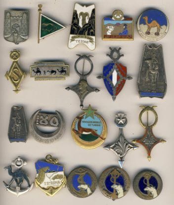 20 insignes sahariens goums, milice, police dont 15e goum à pied (Augis) 33e goum, goum de H'Zegdou (algéro-marocain) fermoir type argent, milice de Toghourt, BTS 1 petit modèle (Drago Ber)