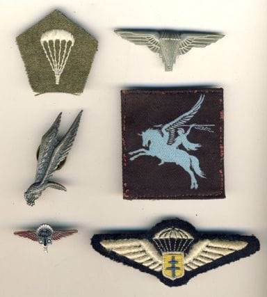 Lot 6 Insignes portés par paras FFL insigne polonais (béret), brevet para polonais numéroté 4244 (Kirkwood), GQ, insigne de béret couronne coupée, Pégase imprimé, brevet FFL fabrication française
