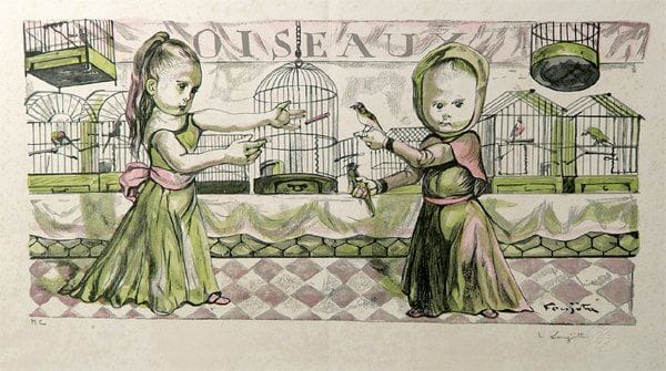 Léonard-Tsuguharu Foujita(par et d?après)
Marchandes d'oiseaux. Planche pour Petits Métiers et Gagne-petit de M. Genevoix. 1960. Gravure sur bois. 450 x 230. B. 60.88 et 60.109. Impression en couleurs. Très belle épreuve sur vélin fort, justifiée « H C » et signée à la mine de plomb. Rousseurs très claires éparses. Pli vertical médian. Toutes marges. Timbre sec de l'éditeur P. de Tartas.