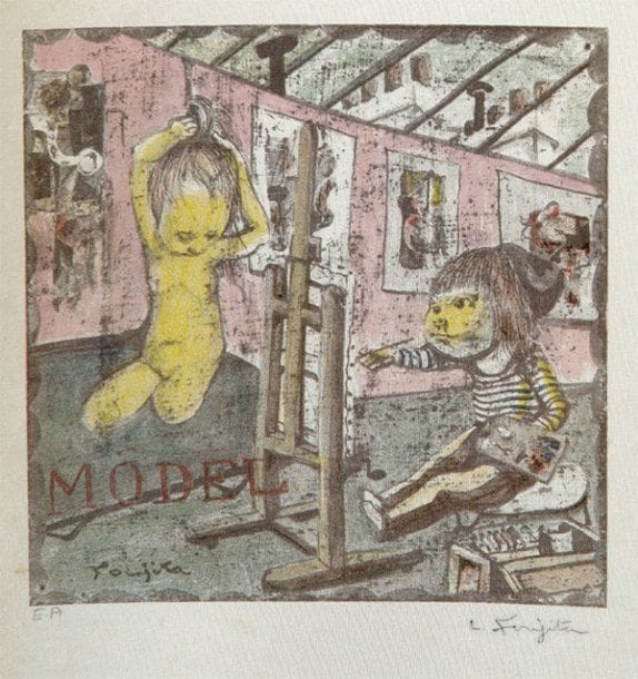 Léonard-Tsuguharu Foujita(par et d?après)
L'Artiste et le modèle. Planche pour La Mésangère de Jean Cocteau. 1963. Procédé photomécanique. 190 x 190. B. 63.40. Impression en couleurs. Parfaite épreuve sur tirée sur soie, justifiée « E.A. » et signée à la mine de plomb. Toutes marges. Timbre sec de l'éditeur P. de Tartas.