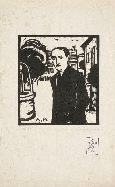 André MARE (1885-1932)
Portrait d’un homme de lettres (François Mauriac ?) Vers 1918. Bois gravé. 175 x 195. Belle épreuve sur japon vergé, numérotée et signée au crayon. Rousseurs éparses, auréoles claires d’humidité et nombreux plis cassés. Toutes marges non ébarbées. Ex?coll. G. Apollinaire (Lugt non décrit).
