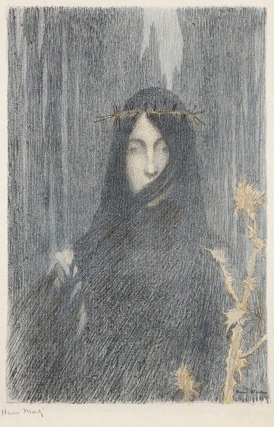 Henri Martin (1860-1943)
Tête de femme, ou Femme couronnée d’épines. 1897. Lithographie. 384 x 495. I. F. F. 2 ; Johnson 78. Impression en couleurs. Très belle et fraîche épreuve sur chine volant, signée et numérotée au crayon dans l’angle inférieur gauche. Infimes plis de manipulation aux bords du feuillet. Infimes amincissures inhérentes à la texture du papier. Toutes marges. Tirage à 100 épreuves pour l’Album d’Estampes Originales de la Galerie Vollard. 