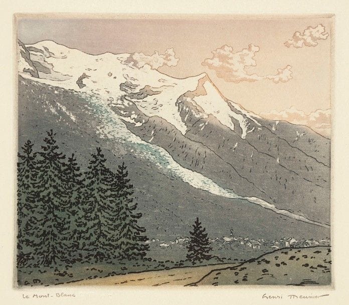 Henri-Georges Meunier (belge, 1873-1922)
Le Mont Blanc. Vers 1900-1910. Eau-forte et aquatinte. 150 x 125. Impression en couleurs. Très belle et fraîche épreuve sur vélin, titrée et signée, en outre timbrée au composteur. Toutes marges. 