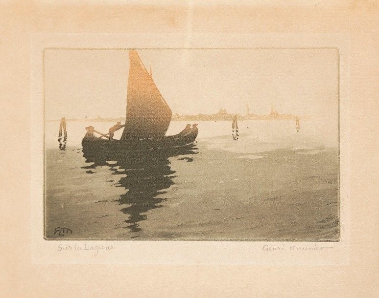 Henri-Georges Meunier (belge, 1873-1922)
Sur la lagune. Vers 1900-1910. Eau-forte et aquatinte. 120 x 75. Impression en couleurs. Belle épreuve sur vélin mince, oxydée, titrée et signée au crayon. Toutes marges. 
