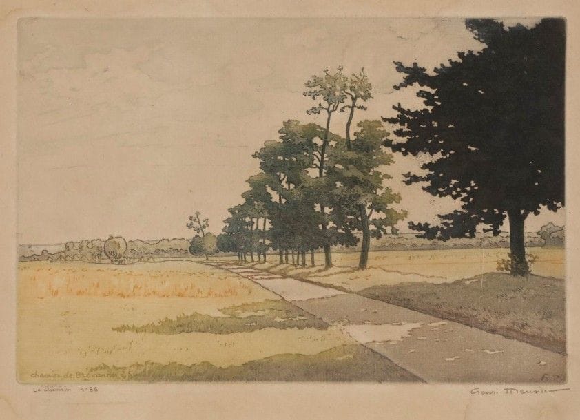 Henri-Georges Meunier (belge, 1873-1922)
Le Chemin de Brévannes. Vers 1900-1910. 
Eau-forte et aquatinte. 228 x 145. Impression en couleurs. Belle épreuve sur vélin, oxydée, titrée, numérotée et signée au crayon. Toutes marges. 