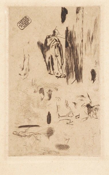 Jean-François Millet (1814-1875)
La Planche aux croquis, ou La Tricoteuse. 1847-1851. Eau-forte et pointe sèche. 118 x 190. Delteil 6. Belle épreuve sur vergé, du tirage Keppel (avec timbre « K » dans l’angle inférieur gauche au verso), fortement oxydée. Traces de colle aux bords du feuillet au verso. Toutes marges.