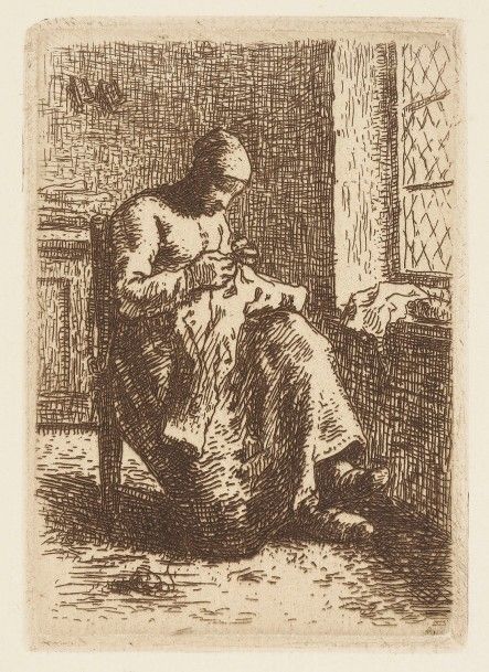 Jean-François Millet (1814-1875)
La Couseuse. 1855. Eau-forte. 74 x 106. Delteil 9. Impression en brun bistré. Très belle épreuve sur vergé, le cuivre biseauté, d’un tirage postérieur effectué pour Keppel. Toutes marges. Joint : d’après J.-F. Millet. Bêcheur au repos. Vers 1904. Bois gravé par Pierre Millet. 132 x 190. Delteil 34. Belle épreuve sur japon vergé mince, du 1er tirage. Rousseurs éparses et fine trace d’encadrement oxydée aux bords du feuillet au verso. Grandes marges. Ex-coll. H.?M. Petiet. Ens. 2 p.
