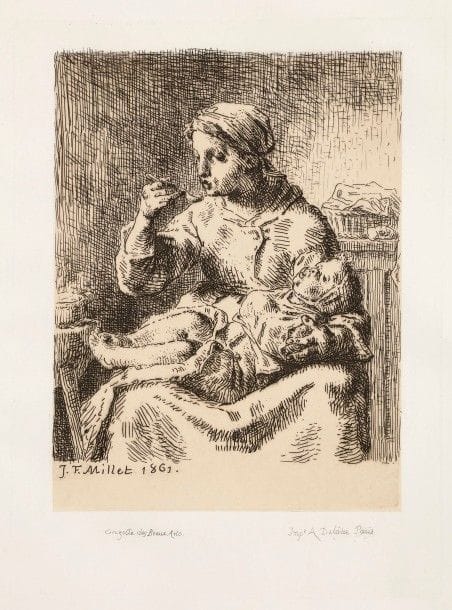 Jean-François Millet (1814-1875)
La Bouillie. 1861. Eau-forte. 160 x 215. Delteil 17. Très belle épreuve sur chine appliqué, du tirage pour la Gazette des Beaux-Arts. Toutes marges. 