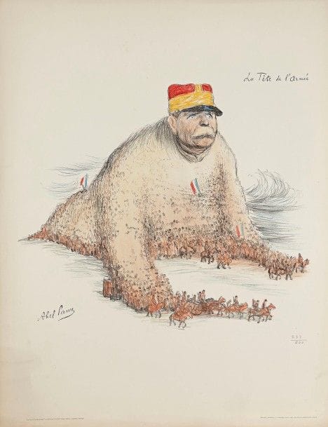 Abel Pann (1883-1963)
La Tête de l’Armée. 1915. Lithographie. 445 x 395. Réunion de 2 très belles épreuves sur vélin, l’une en noir, l’autre en couleurs, numérotée au crayon. Légère oxydation et courte déchirure en pied à une pl. Toutes marges. Ens. 2 p.