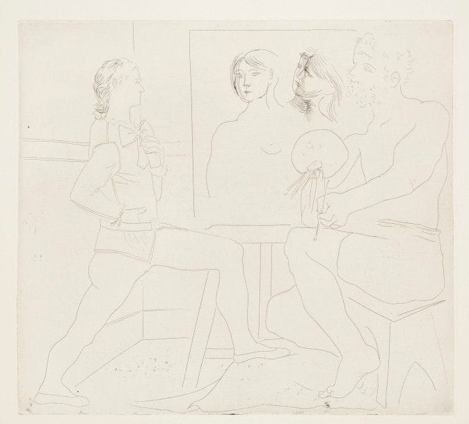 Pablo Picasso (1881-1973)
L’Atelier. 1927. Eau-forte. 385 x 350. Geiser 121 b ; Bloch 80. Très belle et fraîche épreuve sur vélin filigrané « Perrigot Arches », ni signée ni numérotée. Toutes marges. Tirage définitif à 150 épreuves. A. Vollard éd. 